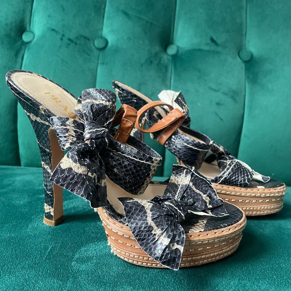 PRADA Women's Snakeskin Wedge Sandals - Navy blue and off white